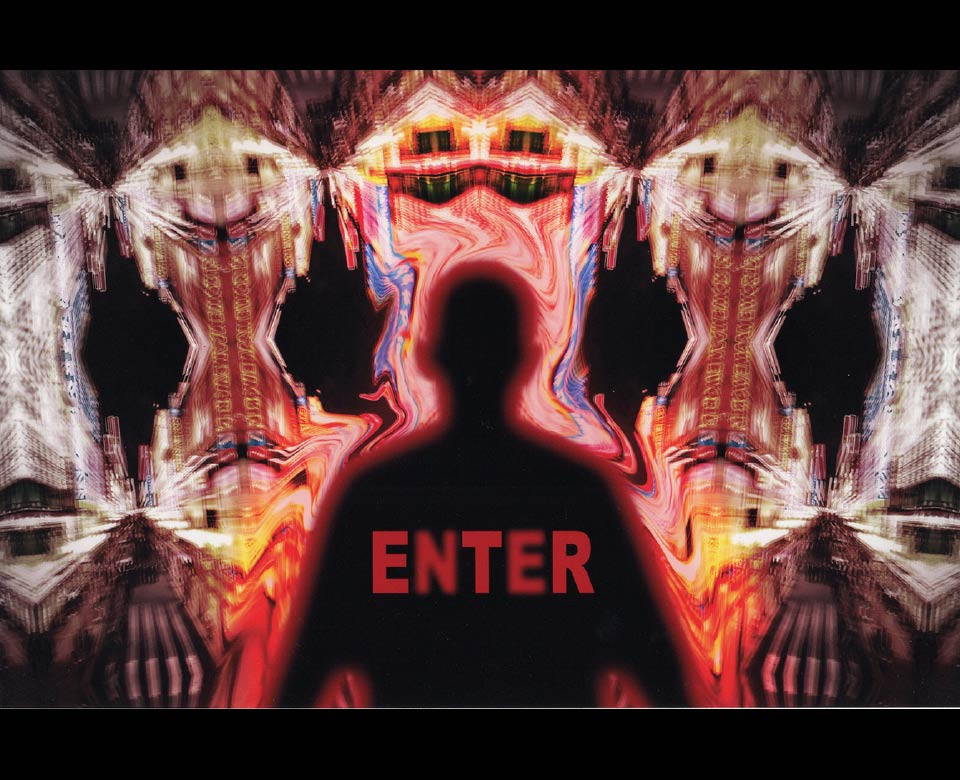 A silouhette of a man infront of a  kaleidoscope edit of a city with a distorted swirl around the silouhette.